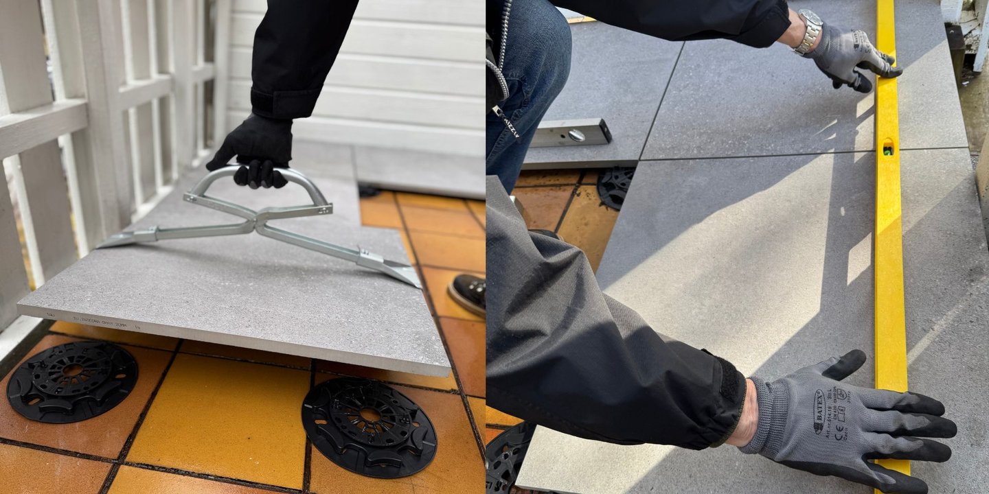 Her brukes det et løfteverktøy for å plassere flisen og et vater for å sjekke at den ligger rett.