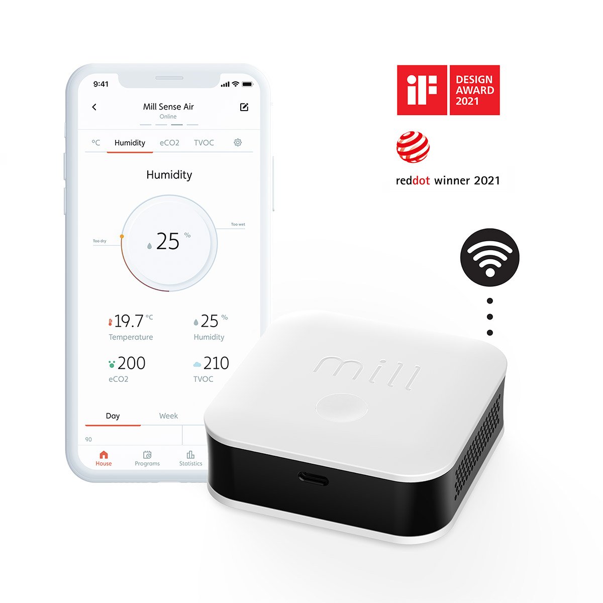 Mill Sense Air med mobil åpent på app