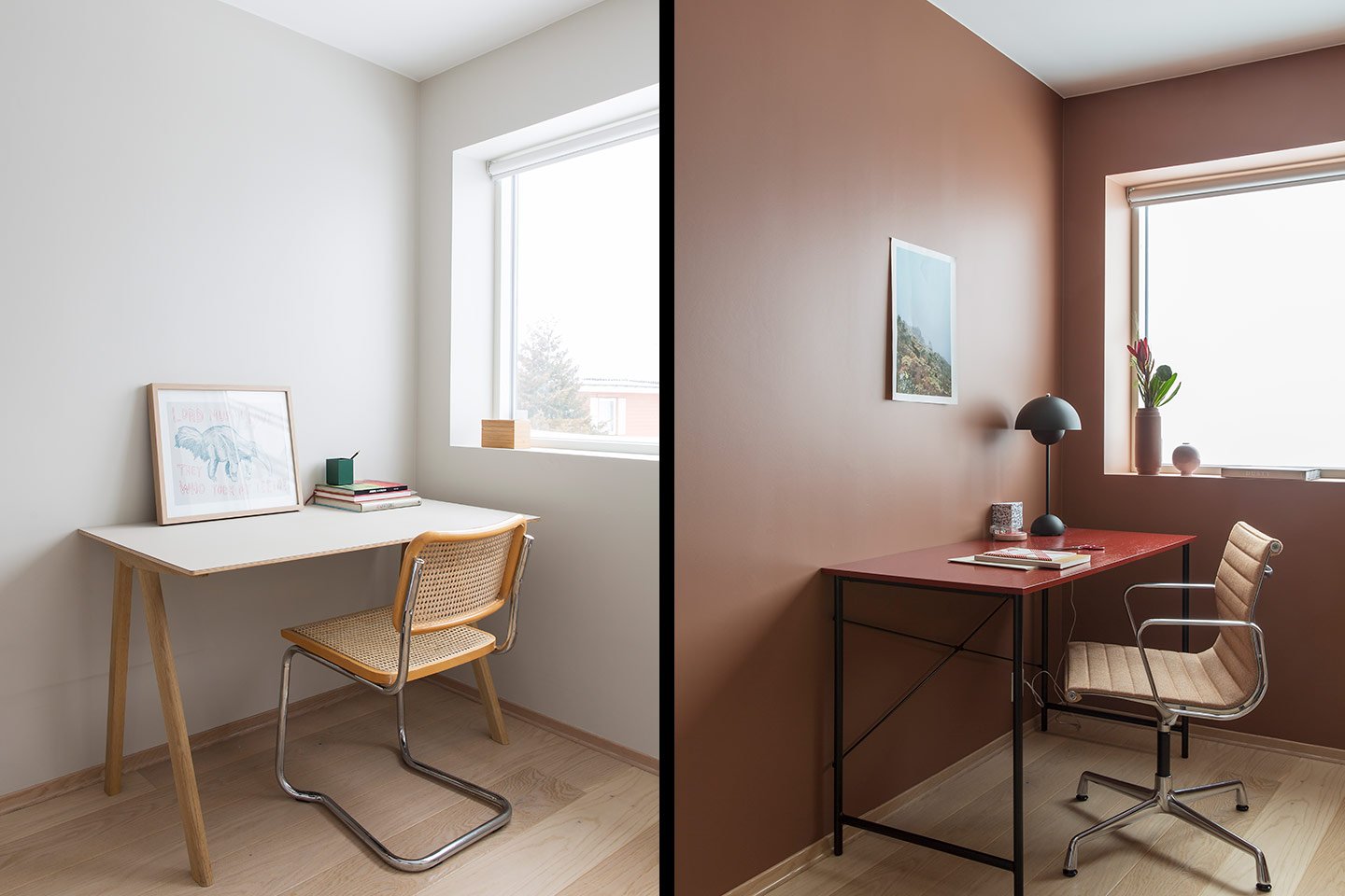 To hjemmekontor-oppsett side om side. Ene er med hvite vegger og den andre med brune.