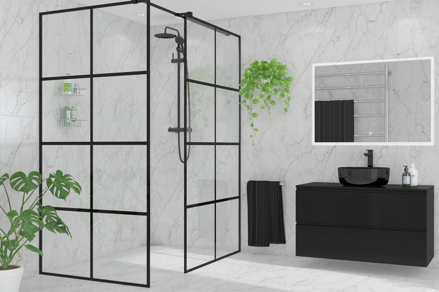 Dusjkabinett og dusjhjørne i sort