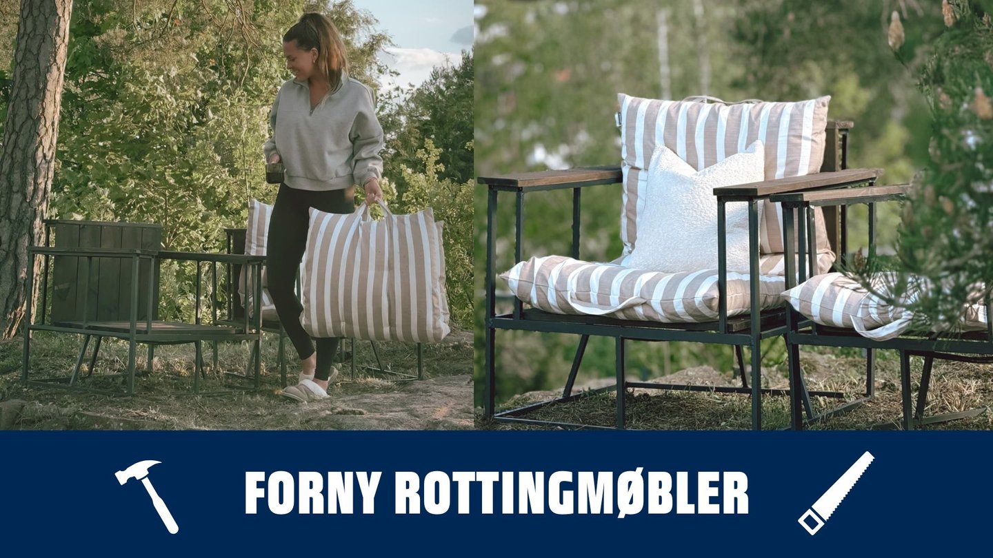 En kvinne som sitter i en stol ute, med en stol ved siden av. 