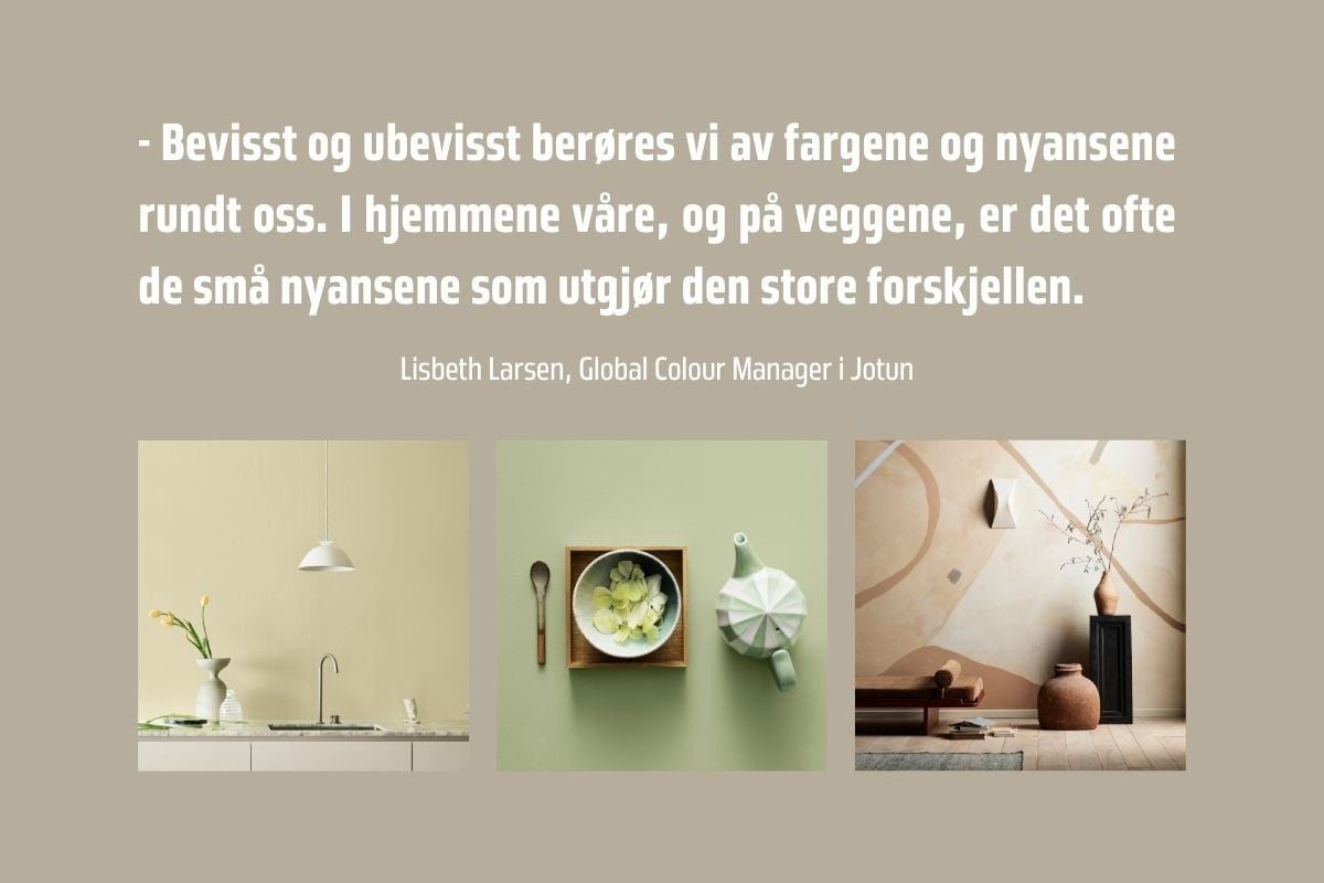 Tre interiørbilder i ulike nyanser – illustrerer hvordan små fargeendringer skaper store visuelle effekter.