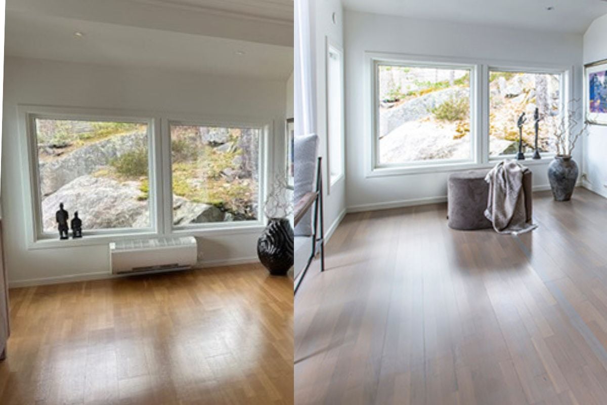 Før- og etterbilde av stue – gulnet gulv er fornyet med lys gulvlakk.