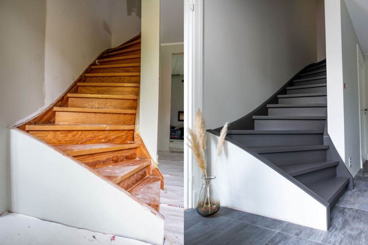 Før- og etterbilde av trapp – fra slitt treverk til malt grå finish.