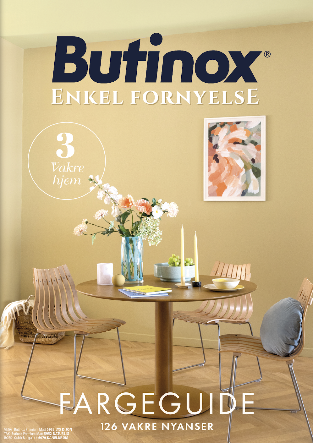 Forside fra Butinox fargeguide med gule vegger, rundt trebord med blomster og lys, og teksten: Enkel fornyelse