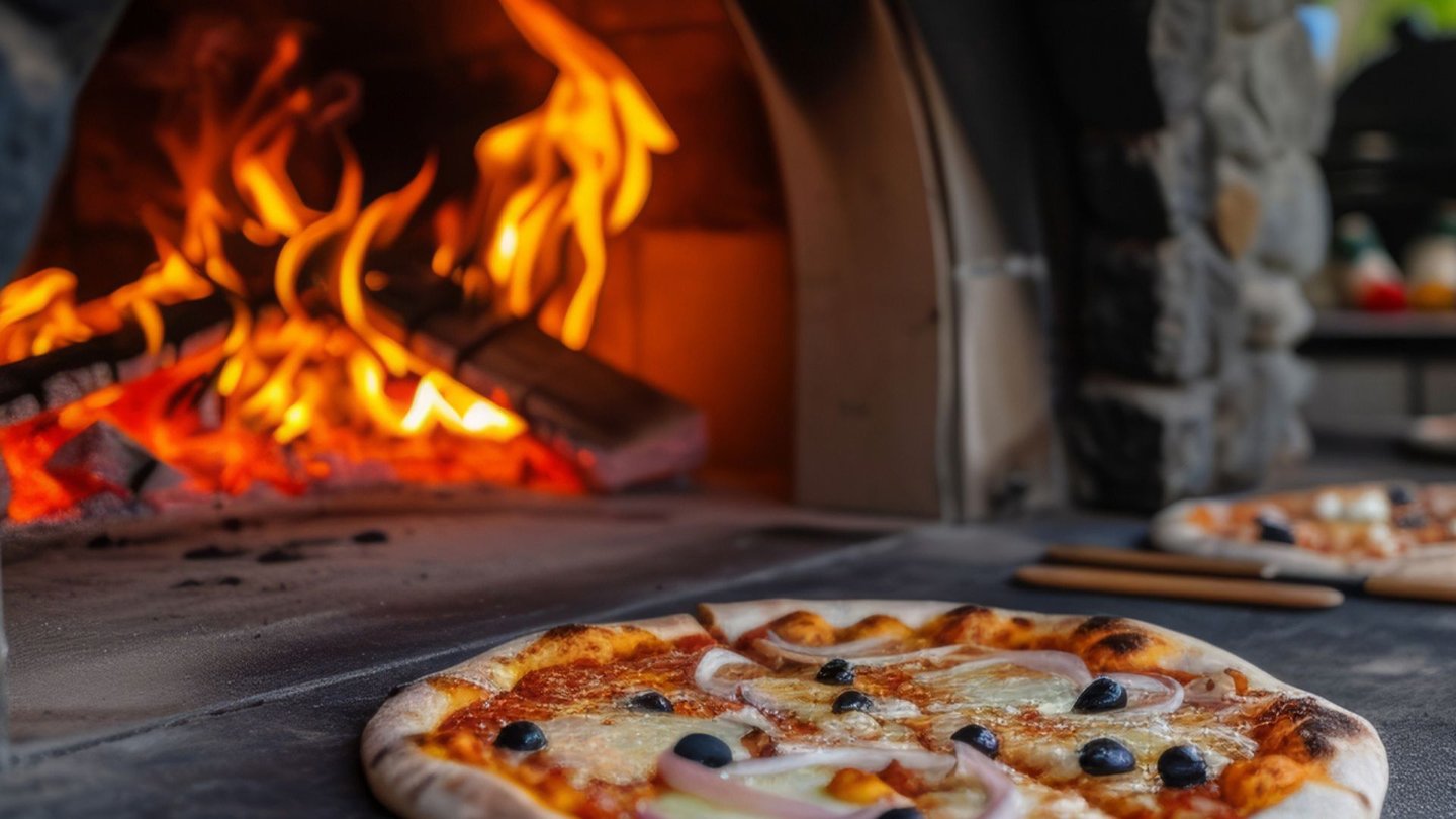 Vedfyrt pizzaovn med flammer og nystekt pizza i front.