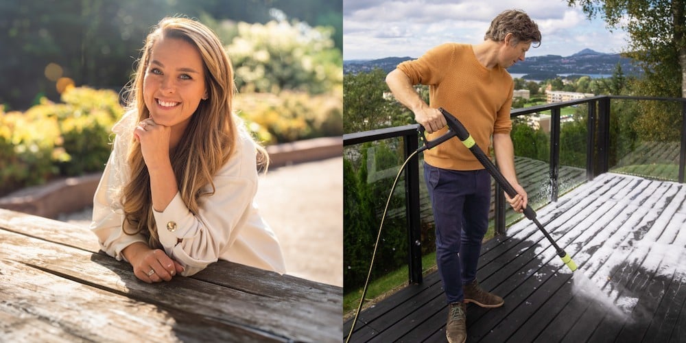 Stine skoli sitter ved et piknik bord og en mann som vasker terrassen