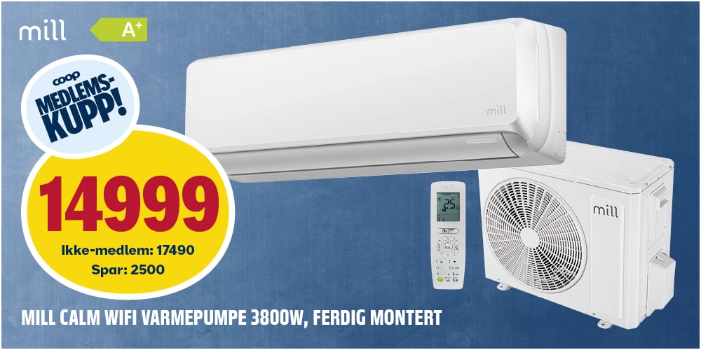 Mill Calm WiFi varmepumpe 3800W, ferdig montert