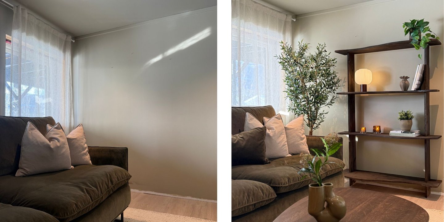 Før/etter av en stue som har fått en brun buet hylle til høyre, mens det er ingenting på veggen på det venstre