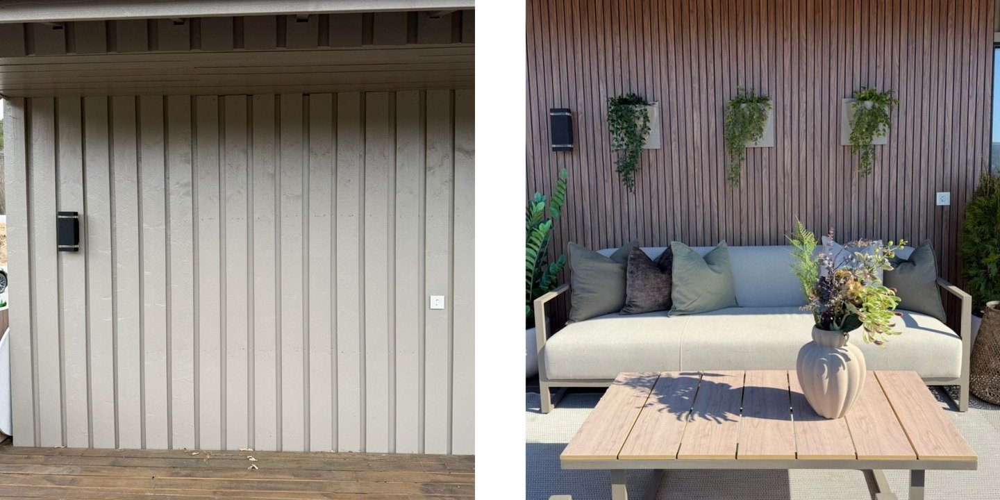 Til venstre: utevegg. Til høyre: dekorert terrasse med spilevegg og blomster