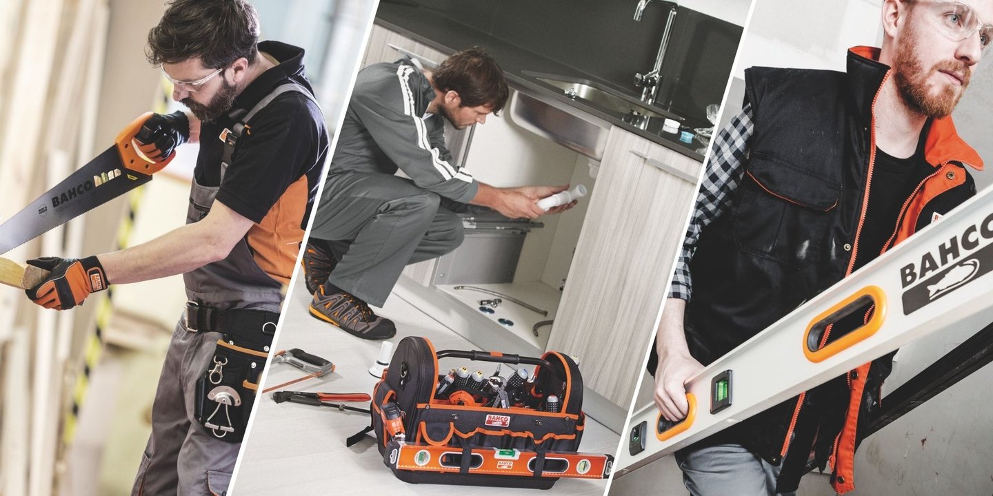 Håndverkere i arbeid med sag og vater, med verktøy fra Bahco.