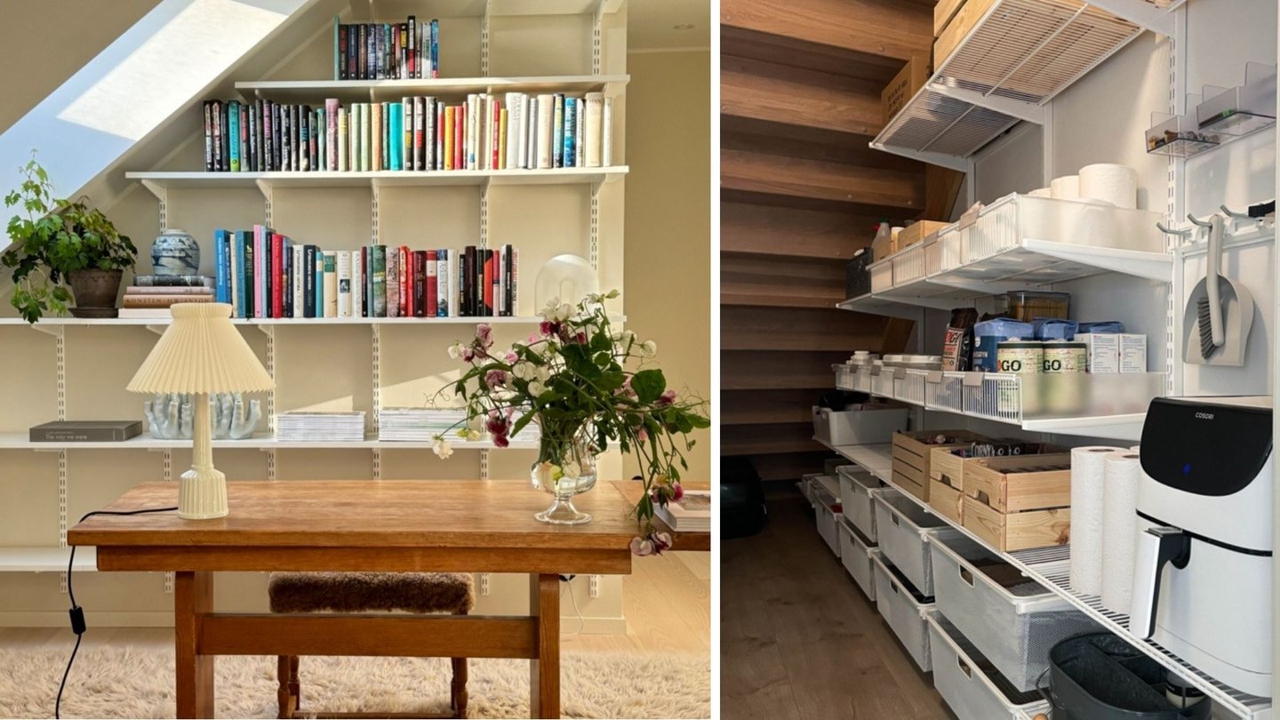 Smart innredningsløsning under en trapp, hvor en vegghengt hylle er montert.