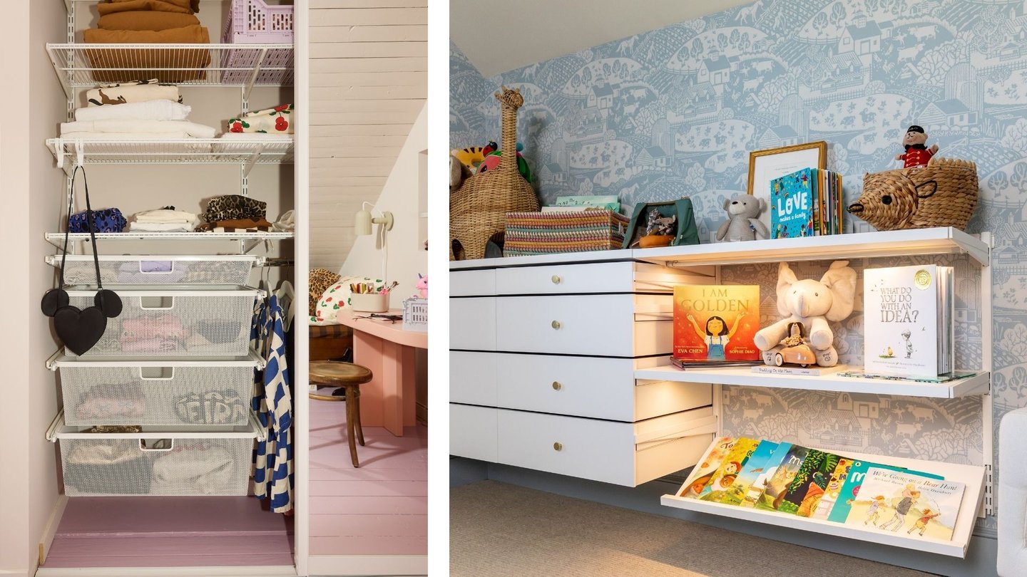 Barnerom med skuffer og hyller med barneleker og bøker.