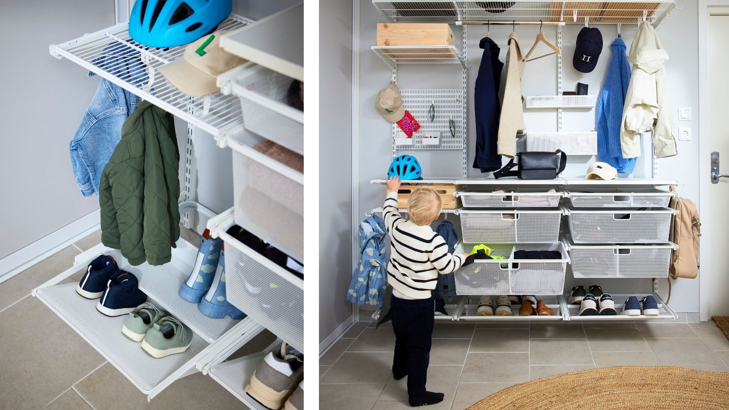 Oppbevaringsløsning med kurver, knagg og kleshengere på stang.