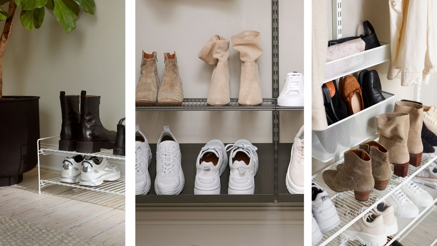 Hyller i gang for oppbevaring av mange ulike skopar.