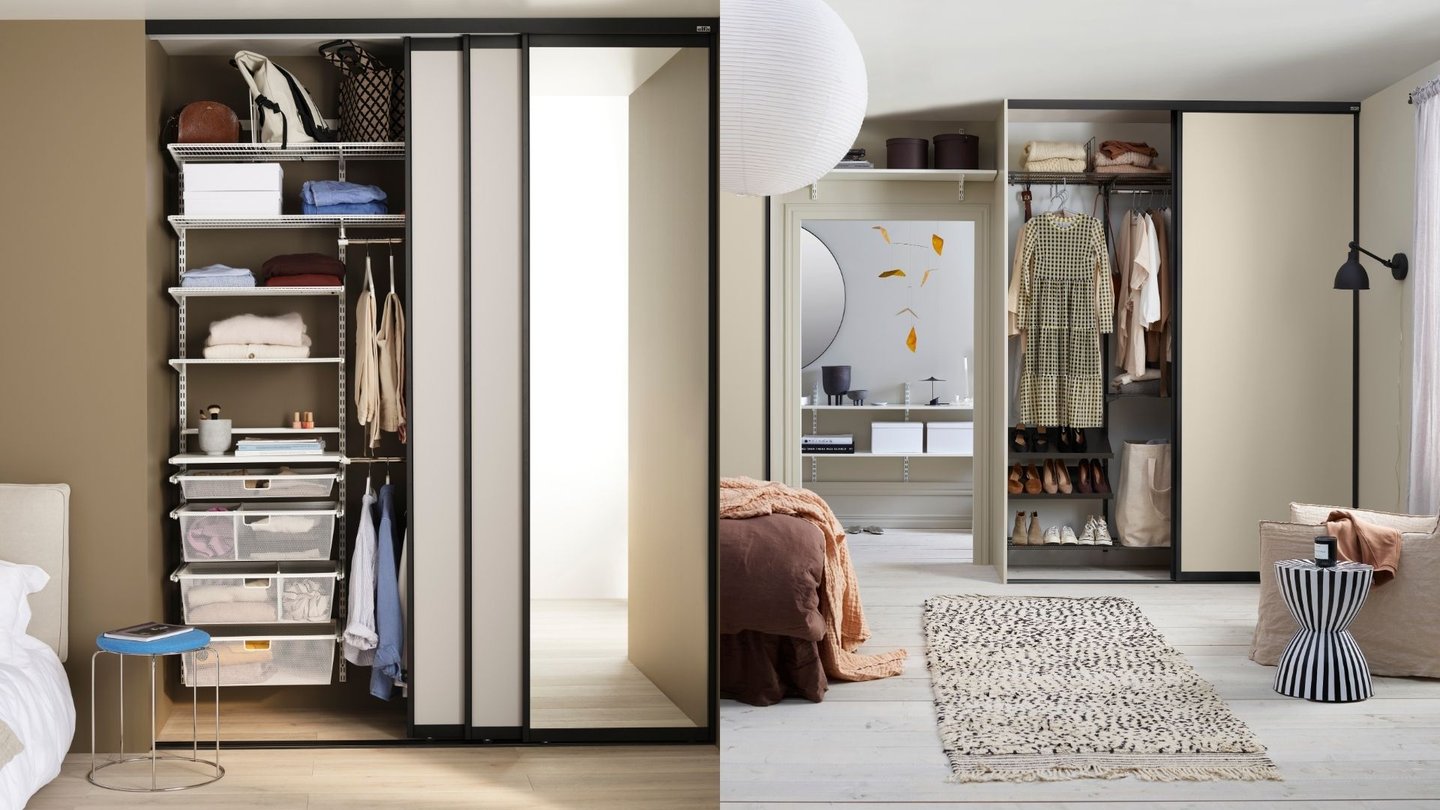 Interiør med garderobeløsninger og skyvedører i et lyst soverom.