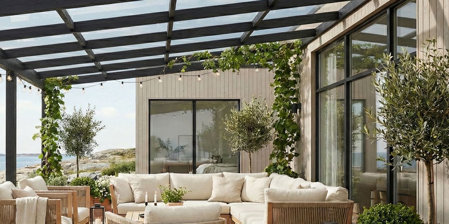 En utestue med møbler på en platting av tre, med et svart tak med vinduer over seg.