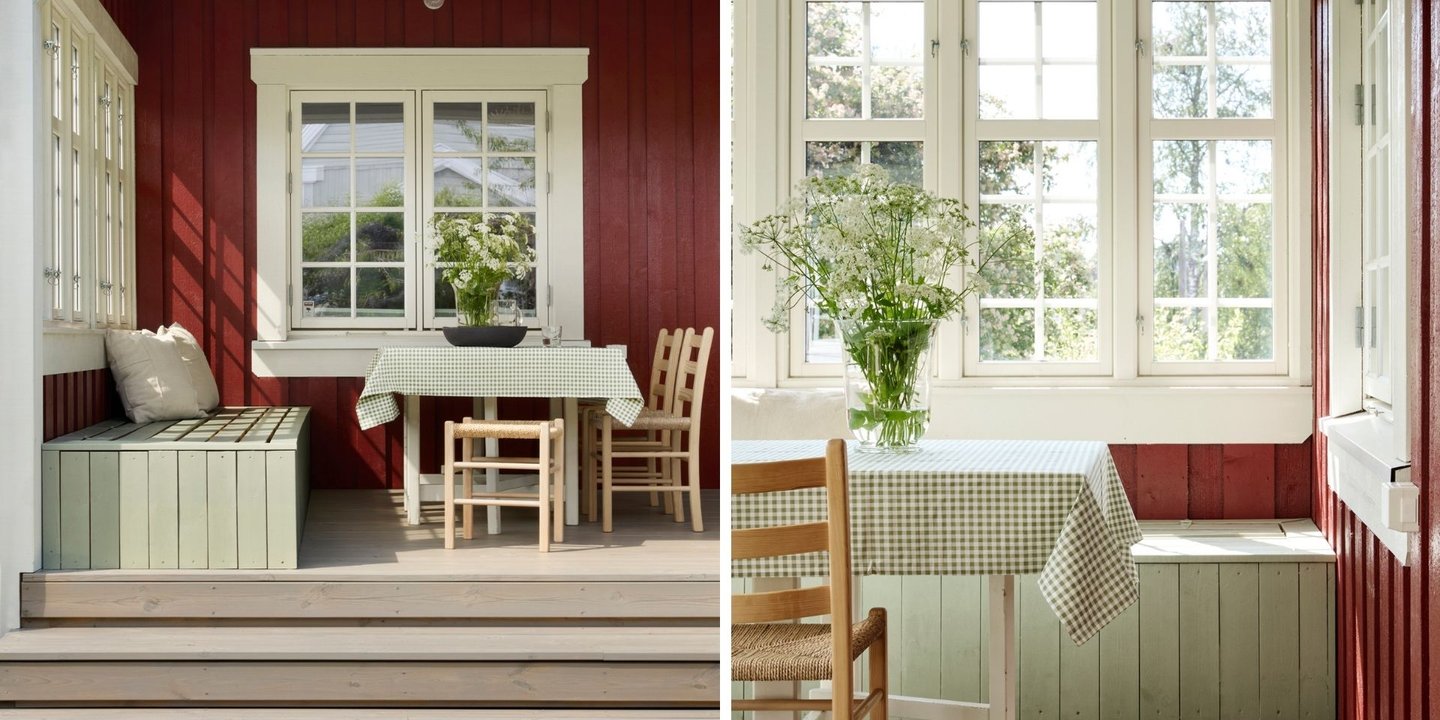 Et rødt hus med grønt og naturlig interiør med hvite vinduskarmer med maling fra jotun
