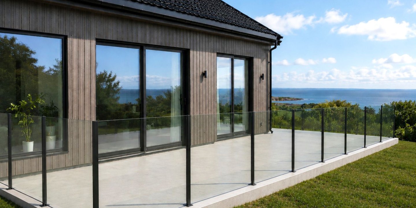 Et moderne hus med utsikt mot havet. Glassgjerde former seg rundt terrassen. 