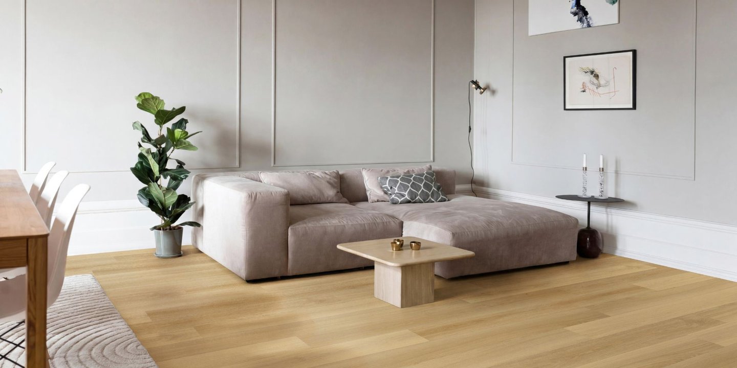Larvik Calm Shore Oak gir et lyst eikeuttrykk passer naturlig inn i et enkelt og nordisk interiør. Foto: Pergo