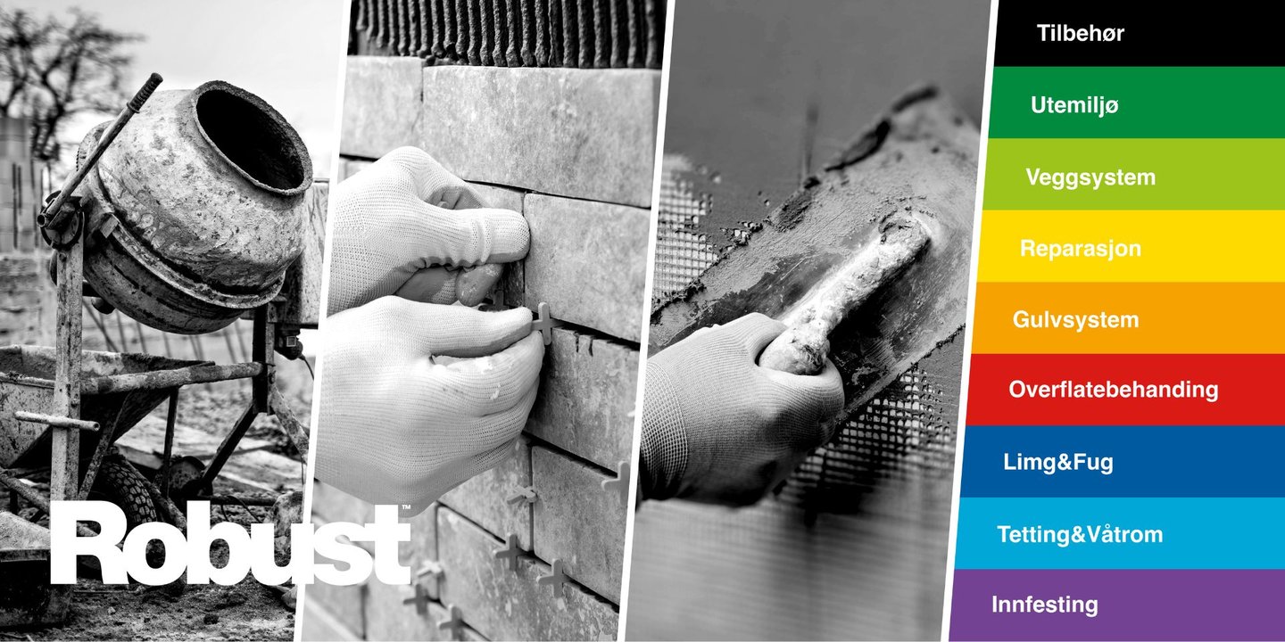 Murbilder med en forklarende tekstboks på siden som forklarer hvor du kan brukes sement fra Robust