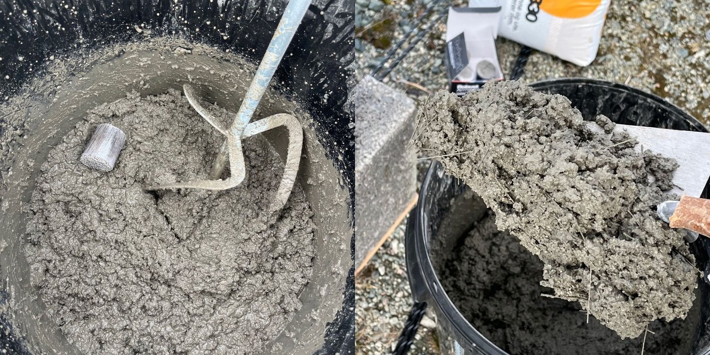 Blanding av betong med armeringsfiber i bøtte