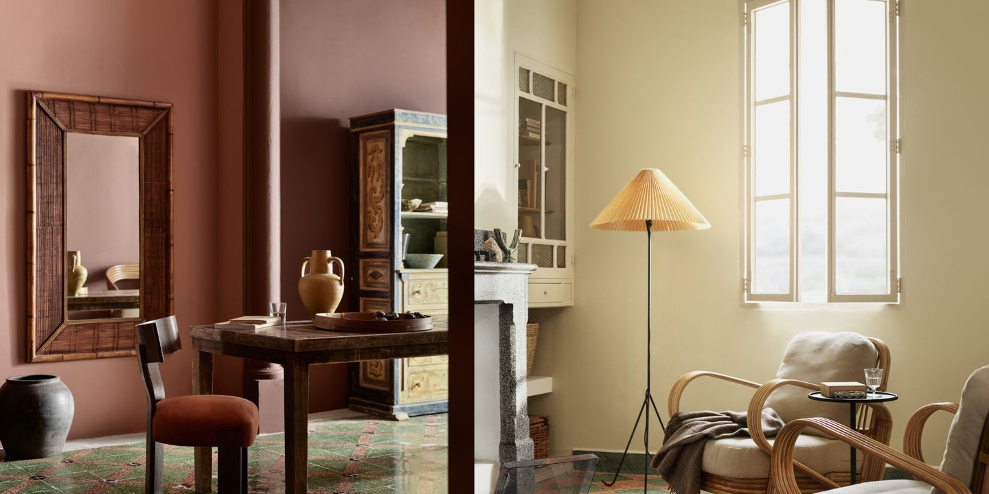Bilde til venstre: Veggen til venstre er malt i Lady Pure Color 20118 AMBER RED og veggen til høyre er malt i Lady Pure Color 2993 KILIM. Bilde til høyre: Veggen er malt i Lady Iconic 8753 YELLOW MEMORIES og vinduet 11364 CENTURY WHITE. Foto: JOTUN A/S