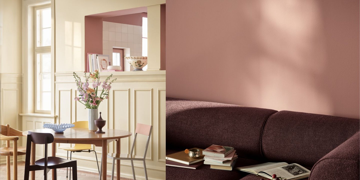 Bilde til venstre: Veggen er malt i Lady Iconic 11365 MORNING GLOW, vegg til høyre er malt i Lady Iconic 20265 BALMY PINK og vindu malt i Lady Supreme finish 11365 MORNING GLOW. Bilde til høyre: Vegg malt i 20265 BALMY PINK. Foto: JOTUN A/S