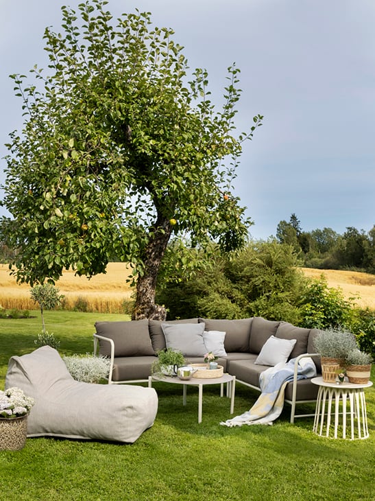 Brevik sofaserie på en gressplen. Kalk med kastanje.