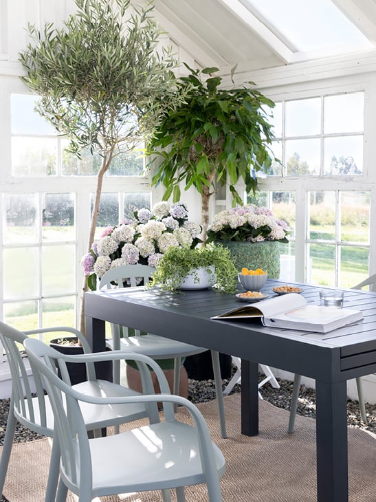 Naterial Lyra II uttrekksbord i en hagestue med grønne planter rundt.