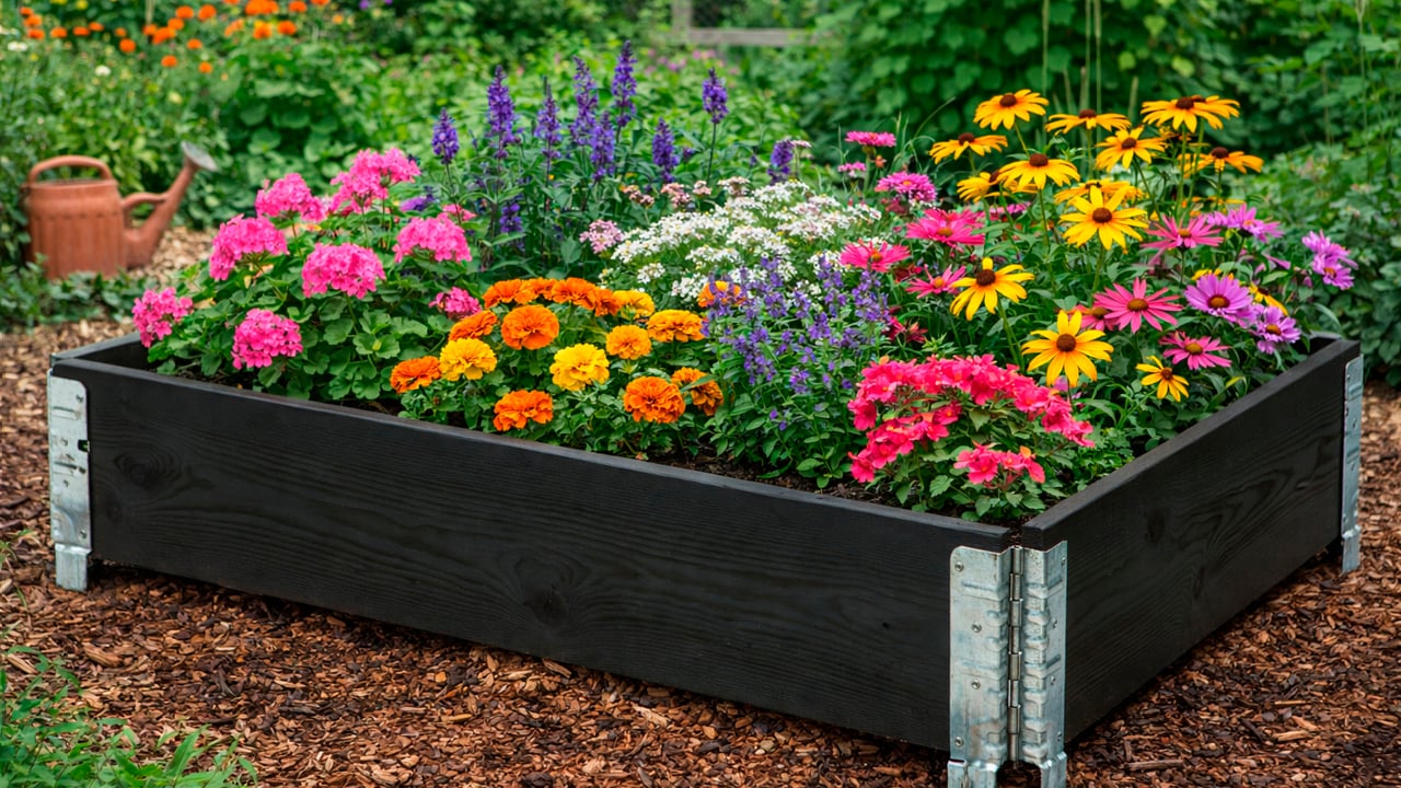 En pallekarm beplantet med flotte fargerike blomster. 