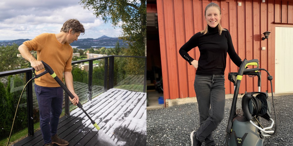 Mann som vasker med høytrykkspyler og kvinne som står ved siden av en AVA høytrykkspyler