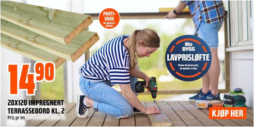 28x120 Impregnert terrassebord, 2 sortering