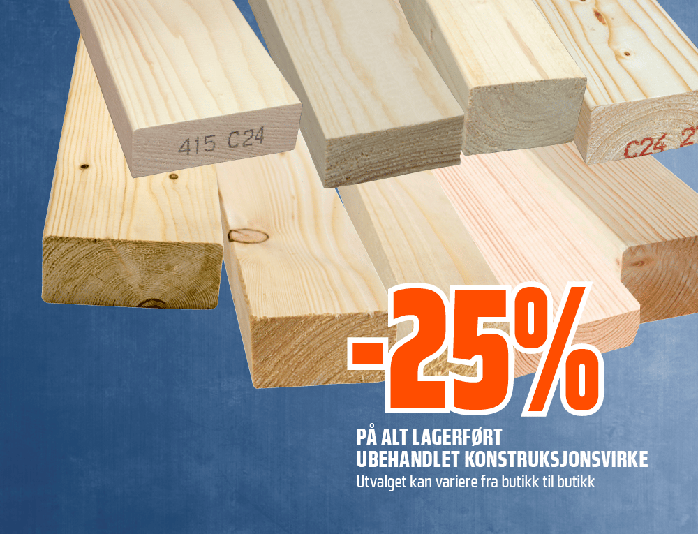 All lagerført ubehandlet konstruksjonsvirke -25% 