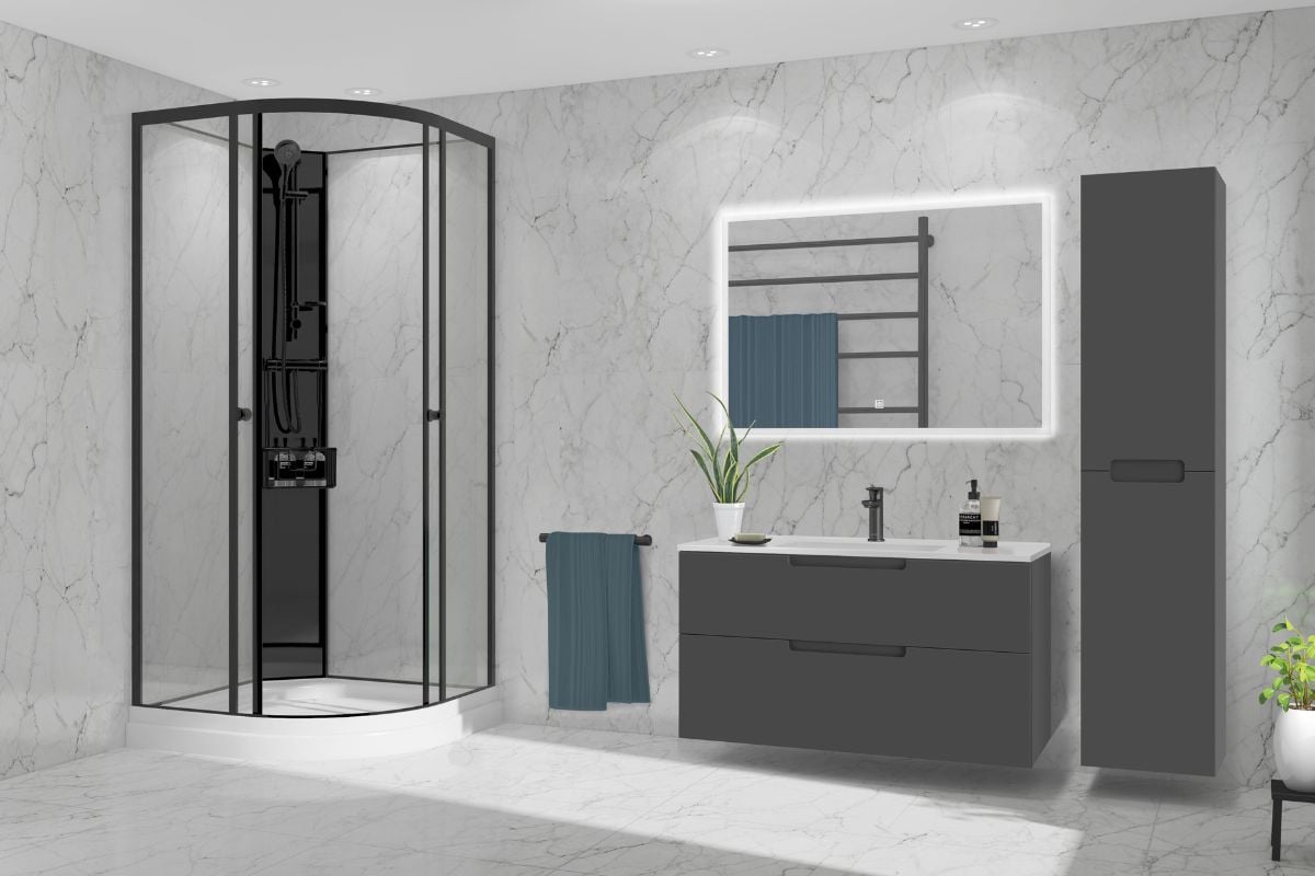 Stort baderom med dusjkabinett, dobbelt servant og speilskap i mørk grå finish