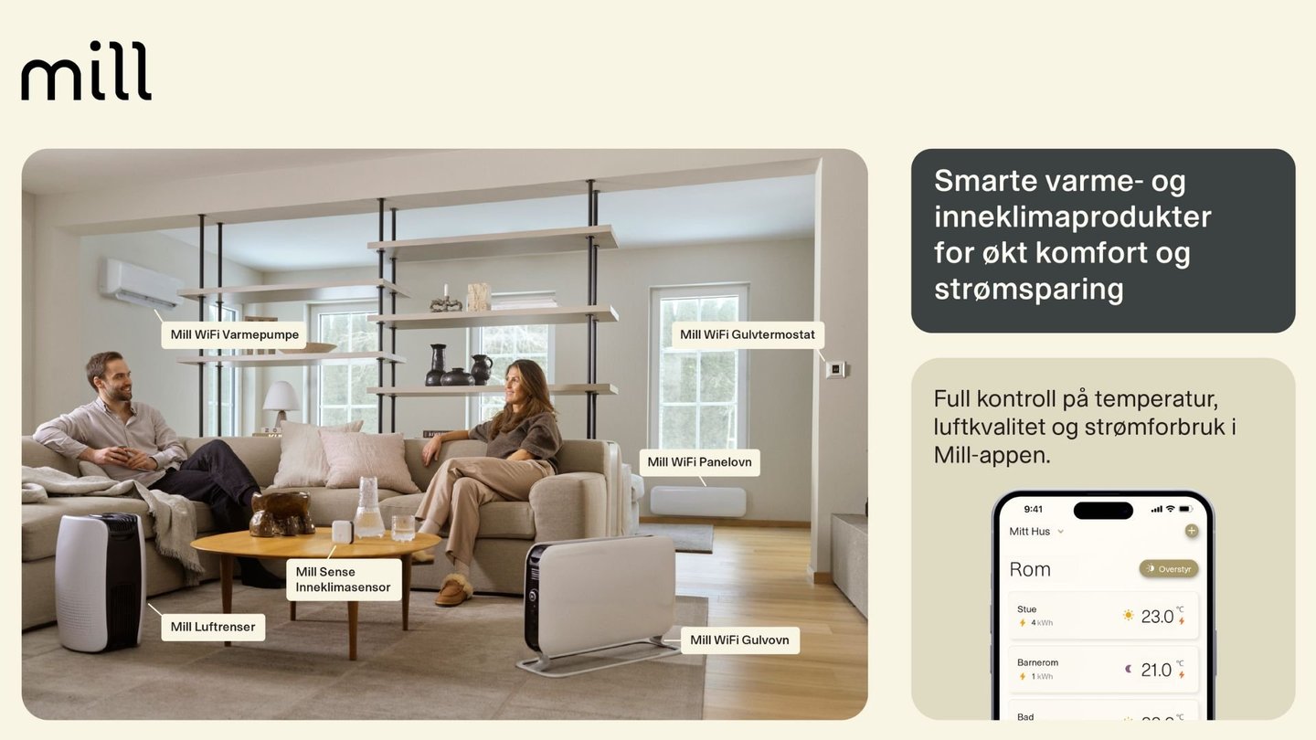 Par i stue med smarte Mill-produkter og app for varme- og inneklimakontroll.