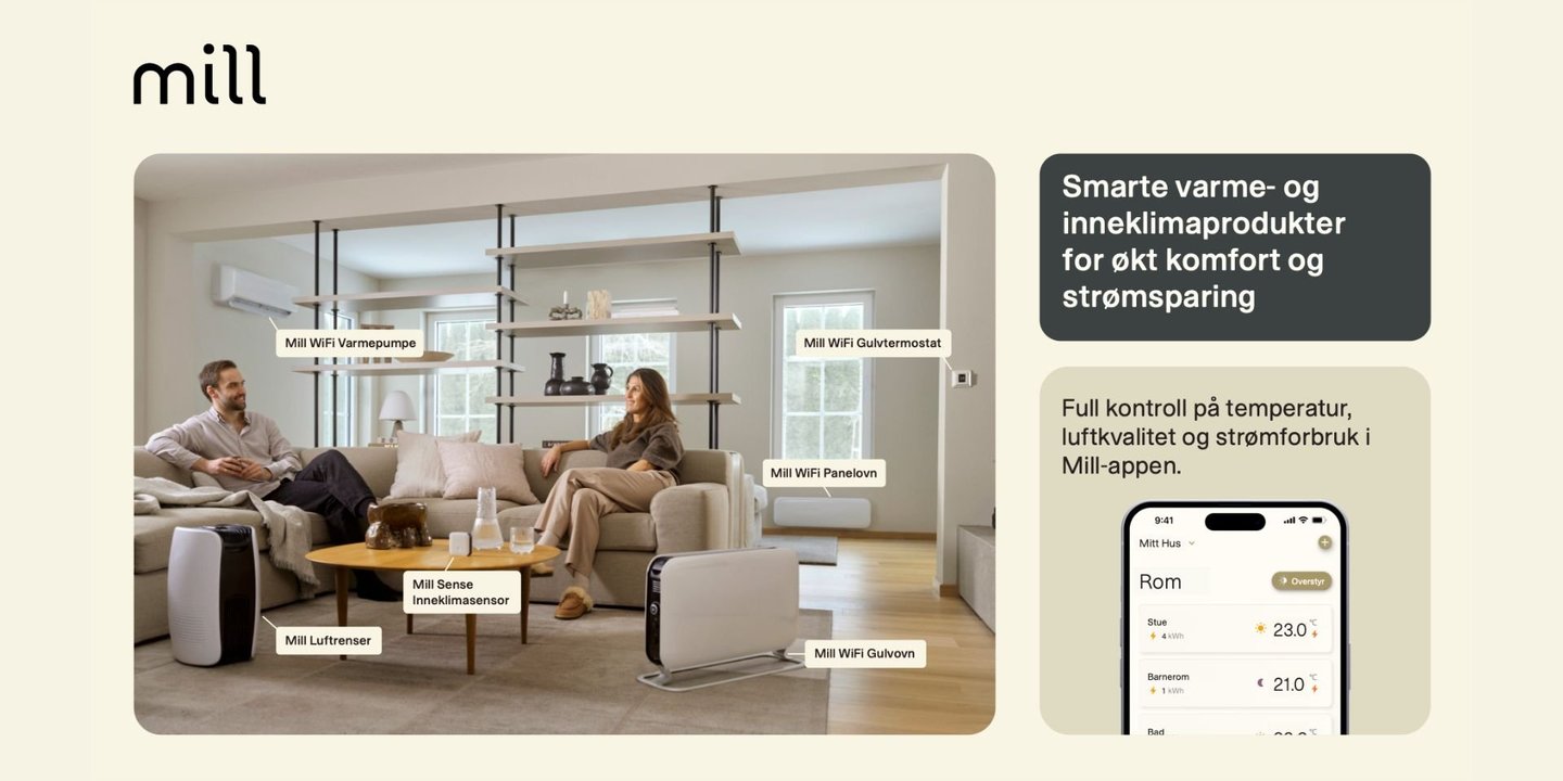 Par i stue med smarte Mill-produkter og app for varme- og inneklimakontroll.