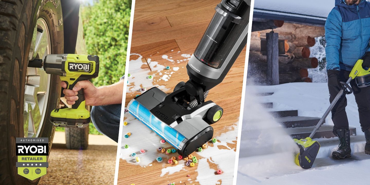 Stramming av hjulbolter, rengjøring av søl på gulv, og snørydding med batteridrevet snøfreser fra Ryobi