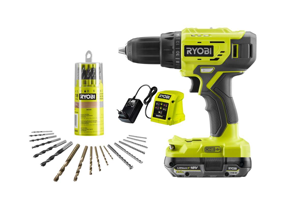 Ryobi R18DD4-1C20GA18 drill inkl. batteri, lader og borsett