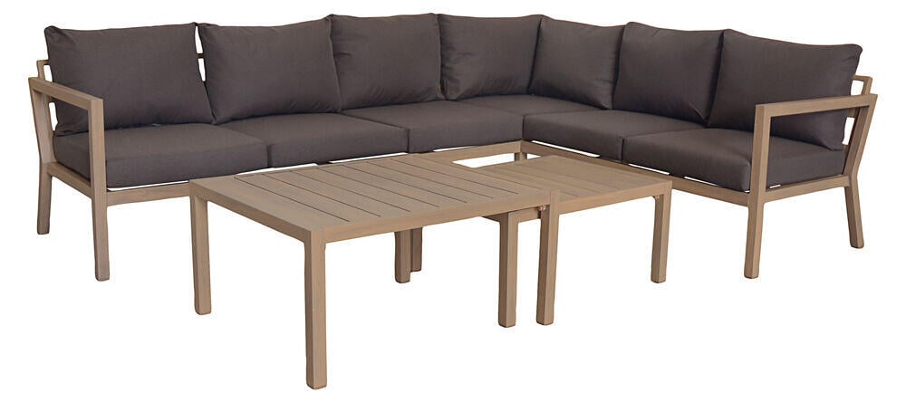 Røst hjørnegruppe teak og brune vanntette putetrekk