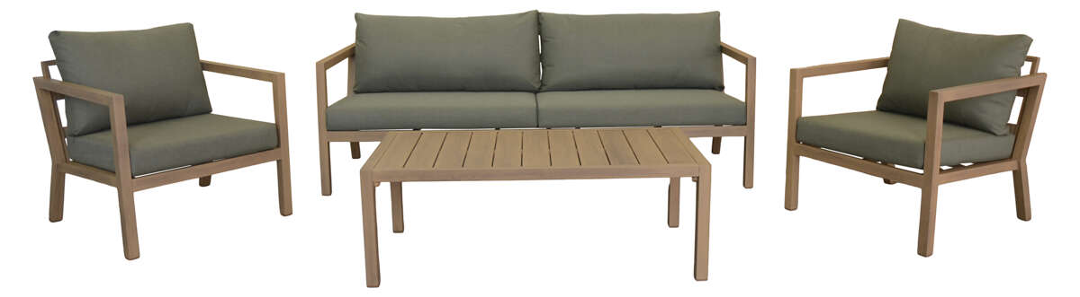 Røst sofagruppe teak og grønne vanntette putetrekk