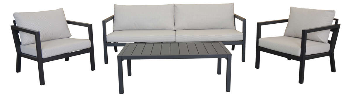 Røst sofagruppe sort og rutet beige vanntette putetrekk