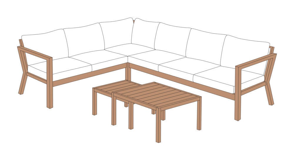 Røst hjørnegruppe teak og rutet beige vanntette putetrekk