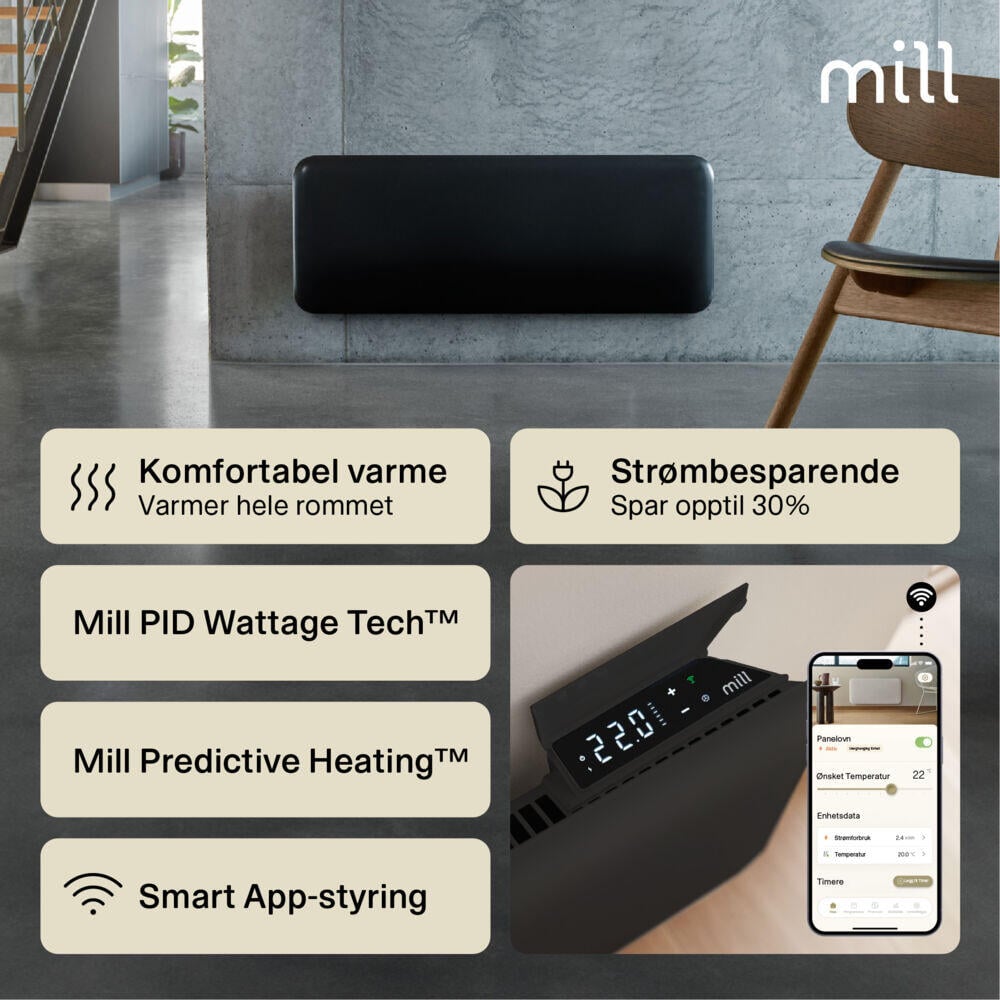 Mill Invisible Smart WiFi Gen 4 1200W sort panelovn