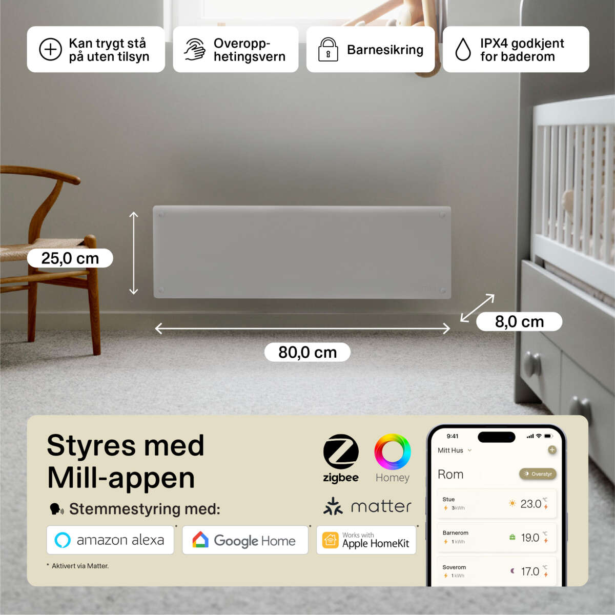 Mill Glass Smart WiFi 500W Gen. 4 panelovn