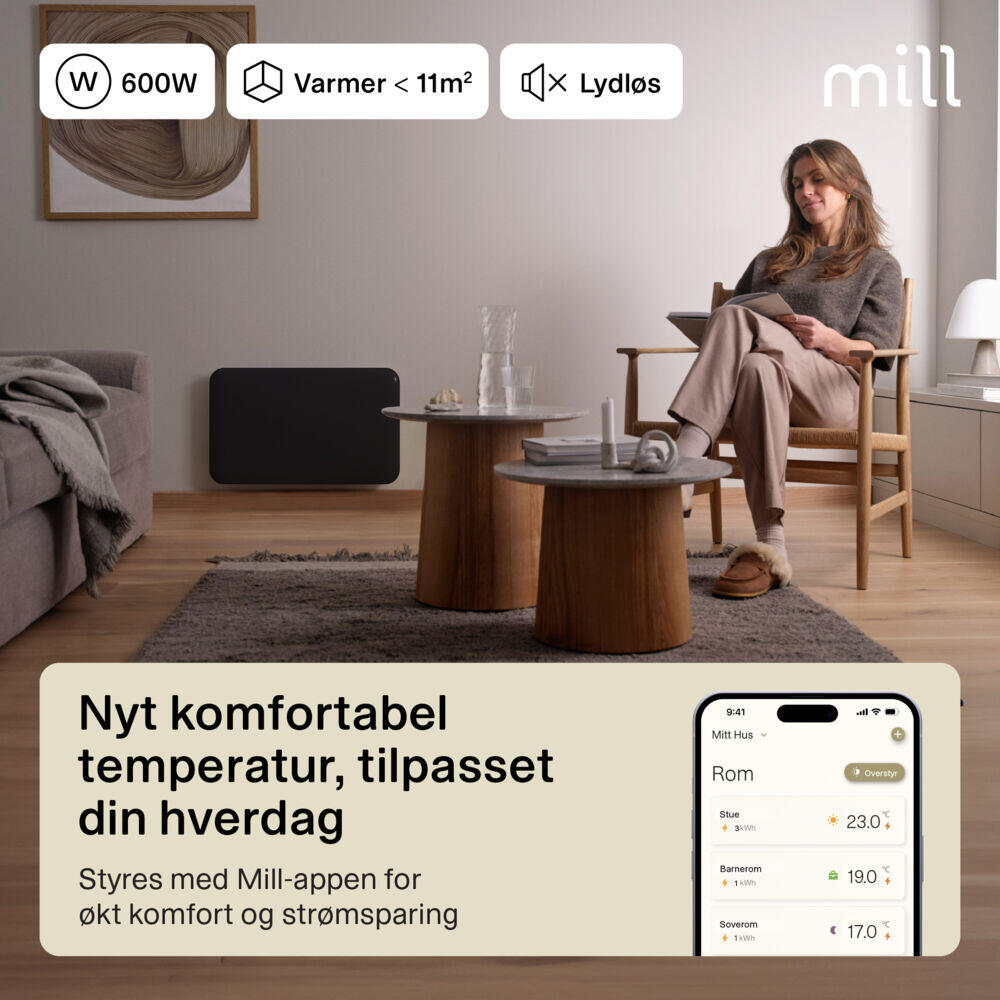 Mill Invisible Smart WiFi Gen 4 600W sort panelovn