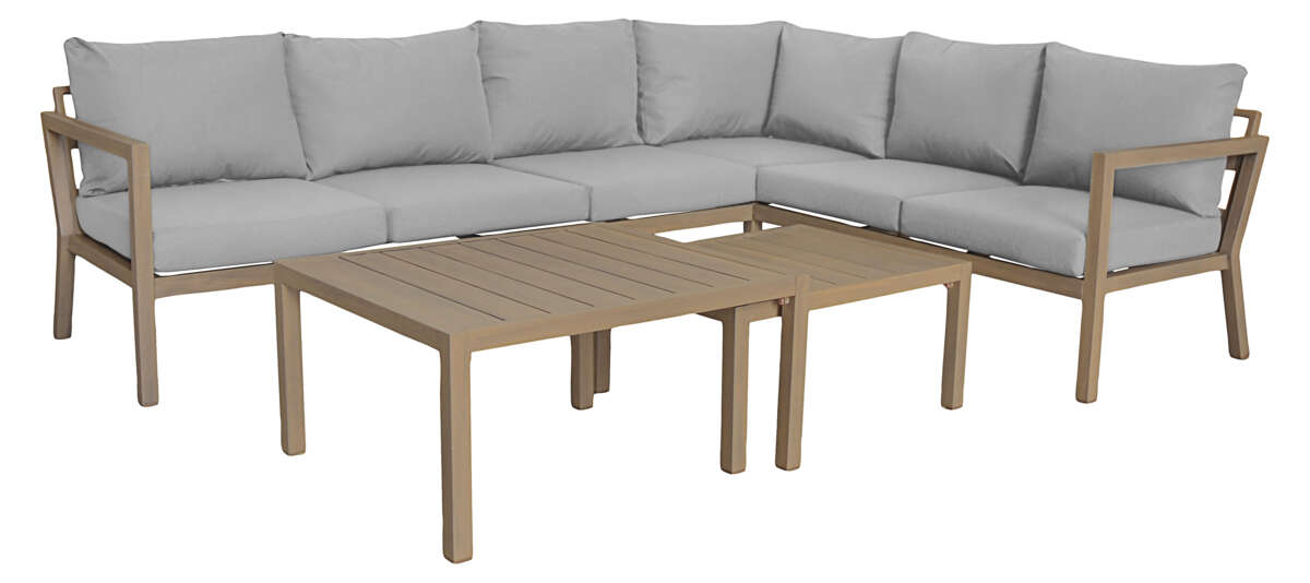 Røst hjørnegruppe teak og beige impregnerte putetrekk