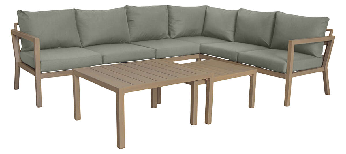 Røst hjørnegruppe teak og grønne vanntette putetrekk