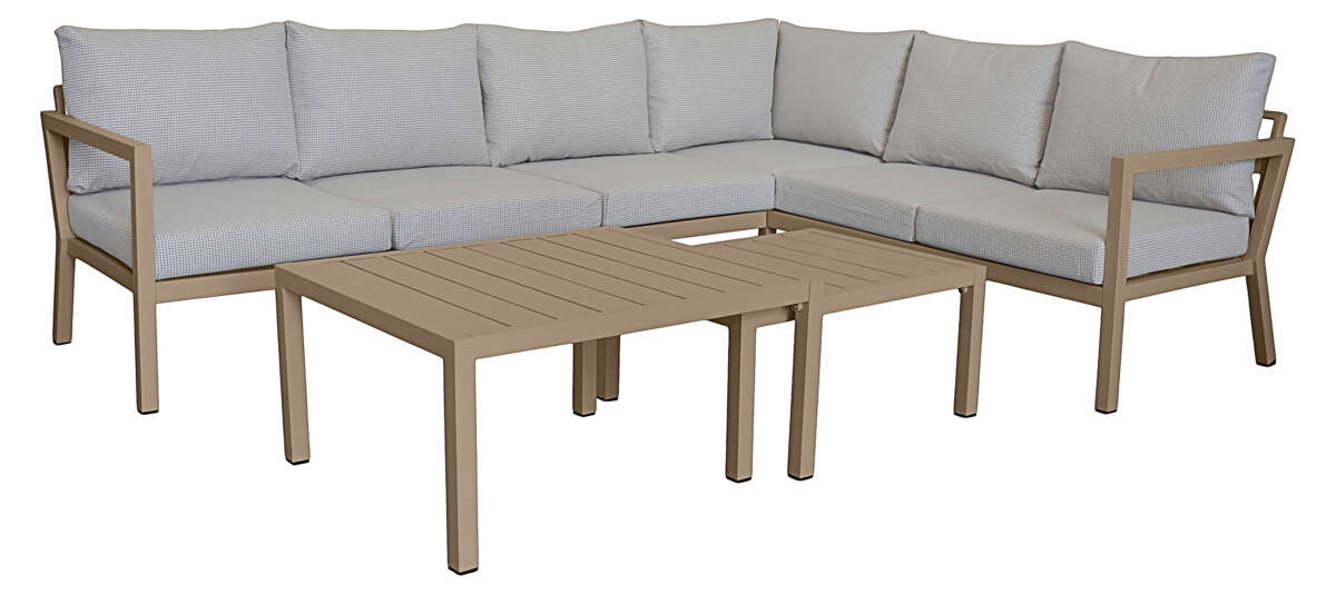 Røst hjørnegruppe teak og rutet beige vanntette putetrekk