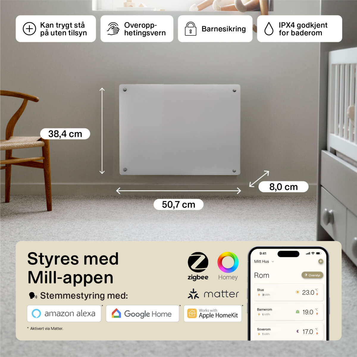 Mill Glass Smart WiFi 400W Gen. 4 panelovn